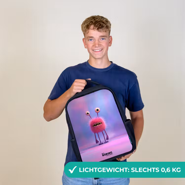 Kinderrugzak - Zwart - Roze harig monster met grote ogen β 2