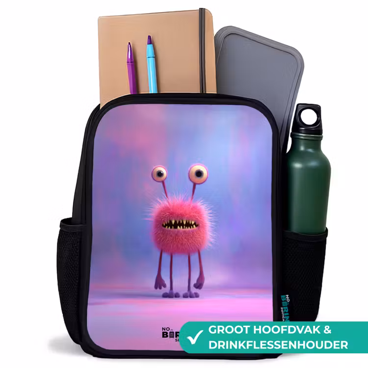 Kinderrugzak - Zwart - Roze harig monster met grote ogen β 4