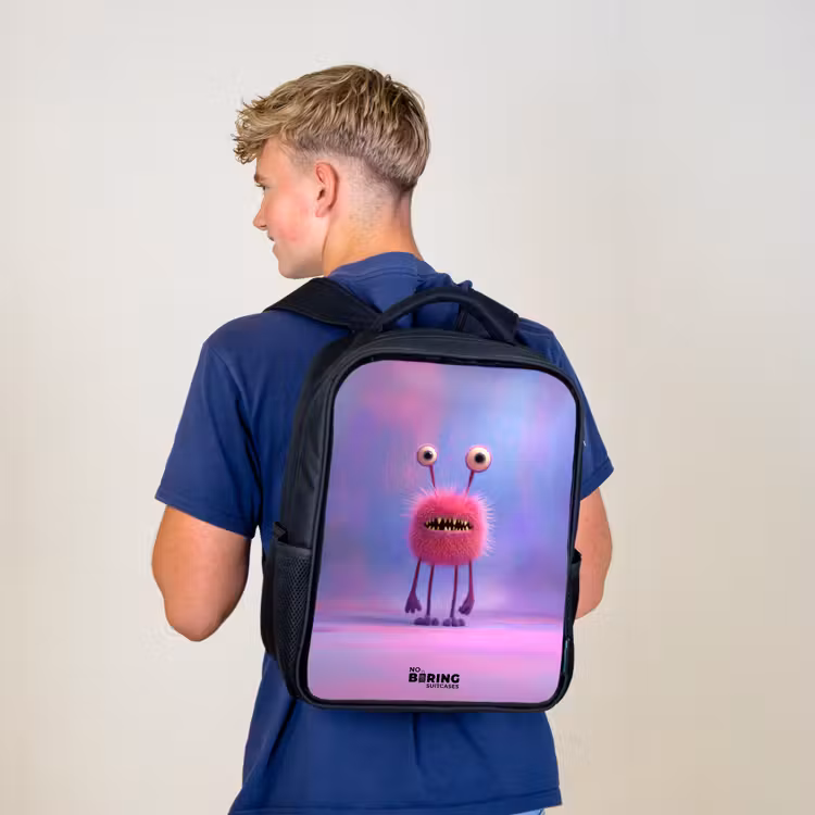 Kinderrugzak - Zwart - Roze harig monster met grote ogen β 6