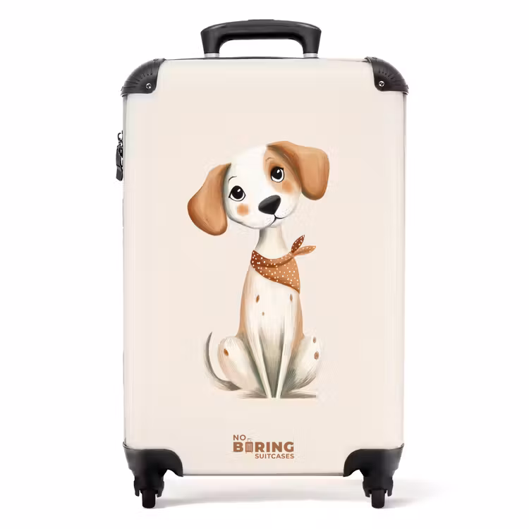 Koffer - Bruin gevlekte pup op een beige achtergrond — 1