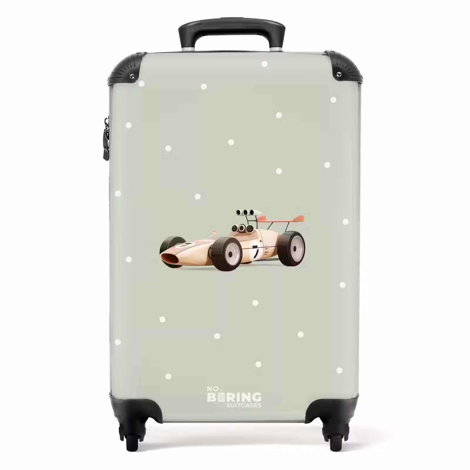 Koffer - Beige retro raceauto op groene stippen achtergrond — 1