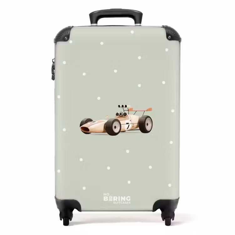 Koffer - Beige retro raceauto op groene stippen achtergrond — 1