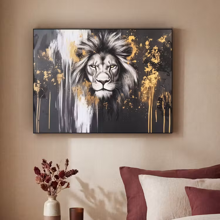 Art Frame - Leeuw - Portret - Verfspatten - Grijs — 2