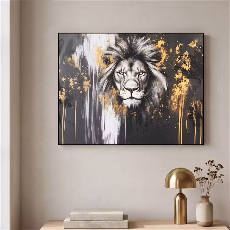 Art Frame - Leeuw - Portret - Verfspatten - Grijs — 3
