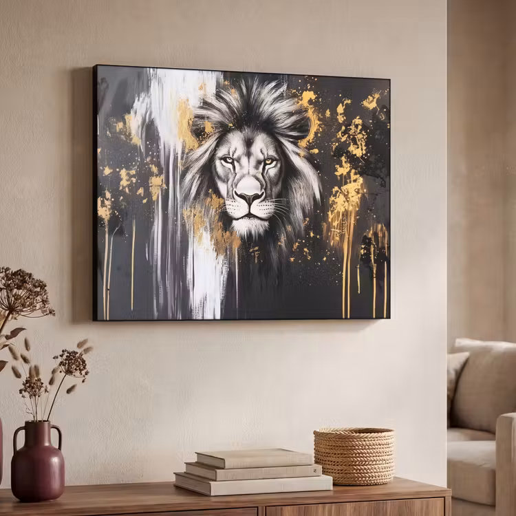 Art Frame - Leeuw - Portret - Verfspatten - Grijs — 4