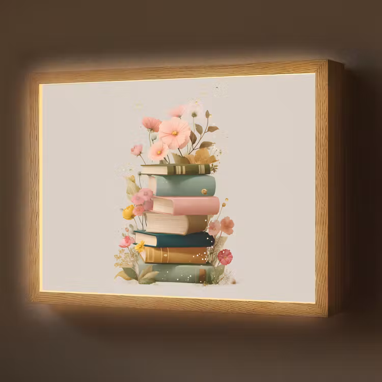 Lightbox - Wandlamp - Boeken - Stapel - Bloemen - Kleurrijk — 1