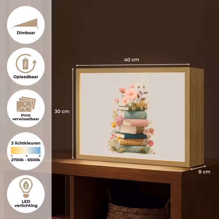 Lightbox - Wandlamp - Boeken - Stapel - Bloemen - Kleurrijk — 10
