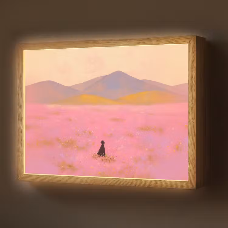 Lightbox - Wandlamp - Bloemenweide - Heuvels - Silhouet - Roze — 1
