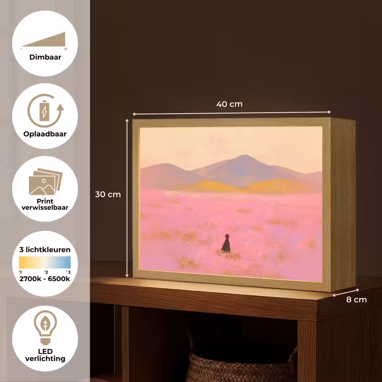 Lightbox - Wandlamp - Bloemenweide - Heuvels - Silhouet - Roze — 10