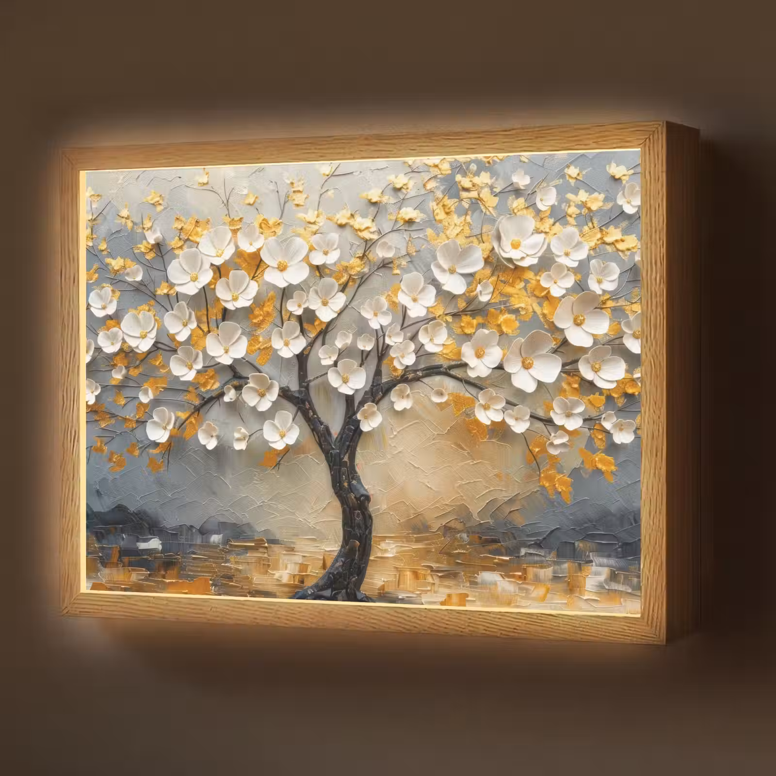 Lightbox - Wandlamp - Boom - Bloemen - Goud - Beige — 1