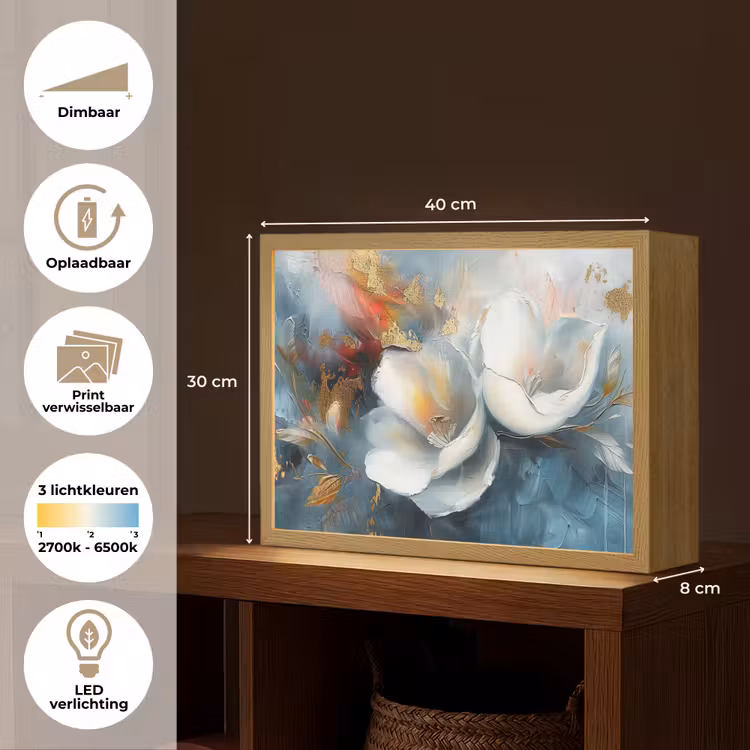 Lightbox - Wandlamp - Bloemen - Wit - Goud - Kunst - Abstract — 10