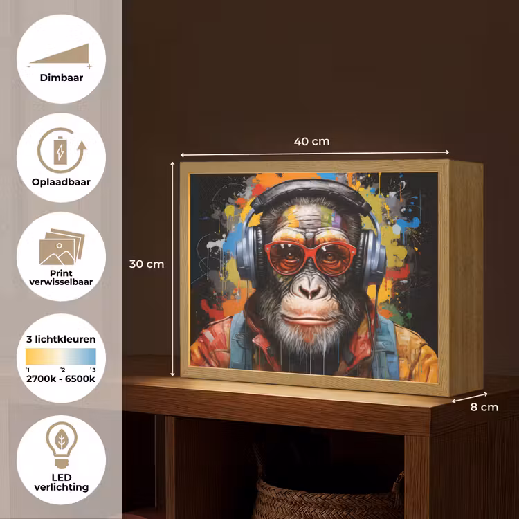 Lightbox - Wandlamp - Chimpansee - Aap - dieren - Graffiti - Bril - Koptelefoon - Kleuren — 10