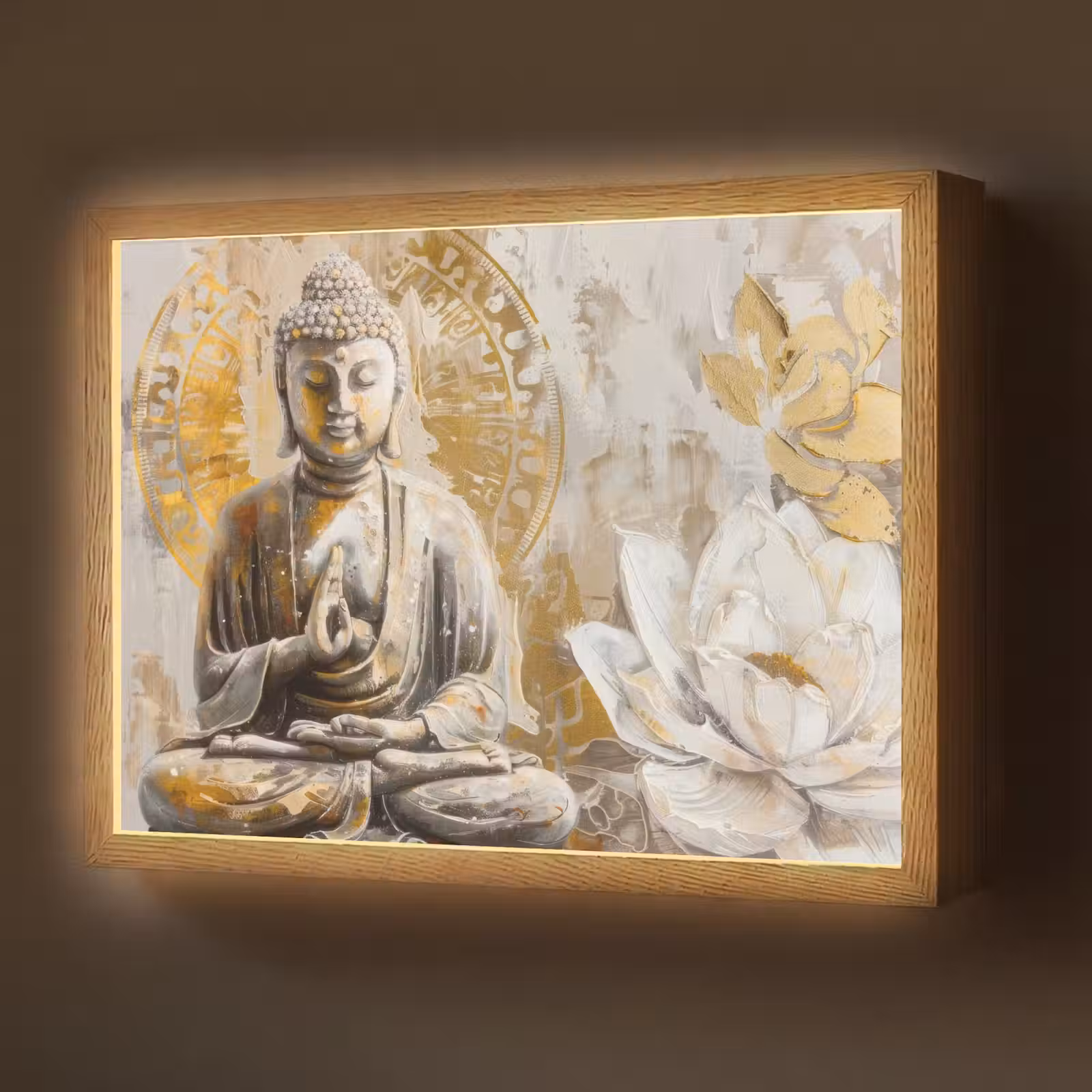 Lightbox - Wandlamp - Boeddha - Bloem - Lotus - Wit - Goud - Zen — 1