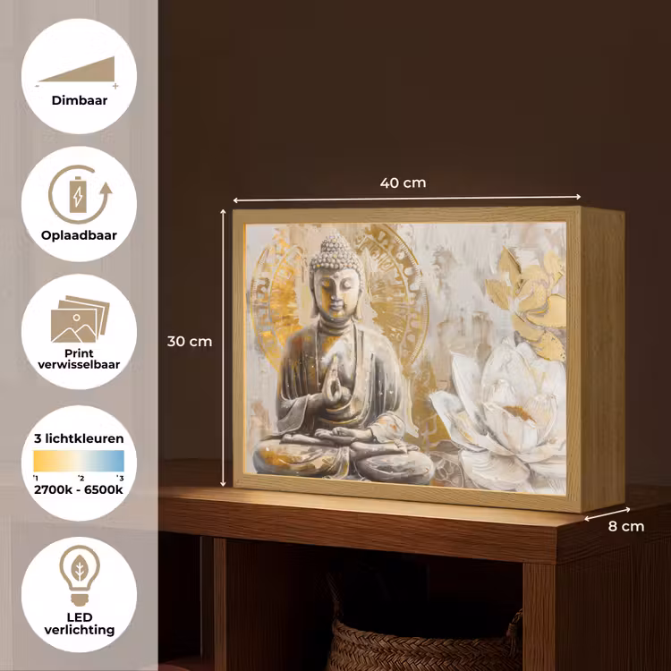 Lightbox - Wandlamp - Boeddha - Bloem - Lotus - Wit - Goud - Zen — 10