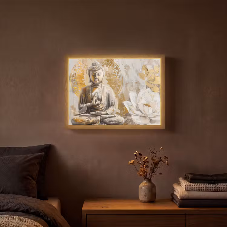 Lightbox - Wandlamp - Boeddha - Bloem - Lotus - Wit - Goud - Zen — 3