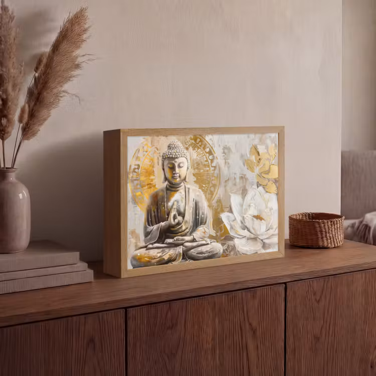 Lightbox - Wandlamp - Boeddha - Bloem - Lotus - Wit - Goud - Zen — 4