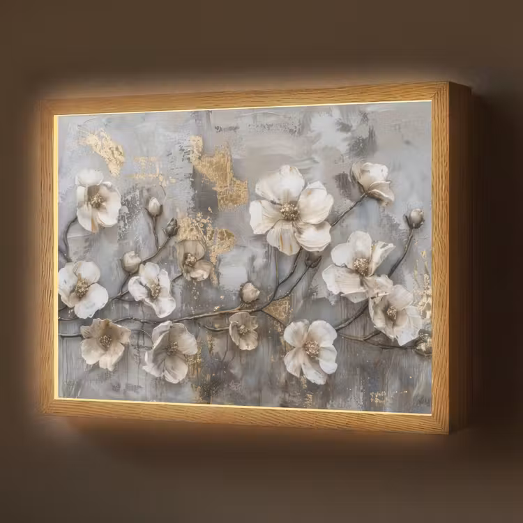 Lightbox - Wandlamp - Bloemen - Wit - Grijs - Goud - Luxe — 1
