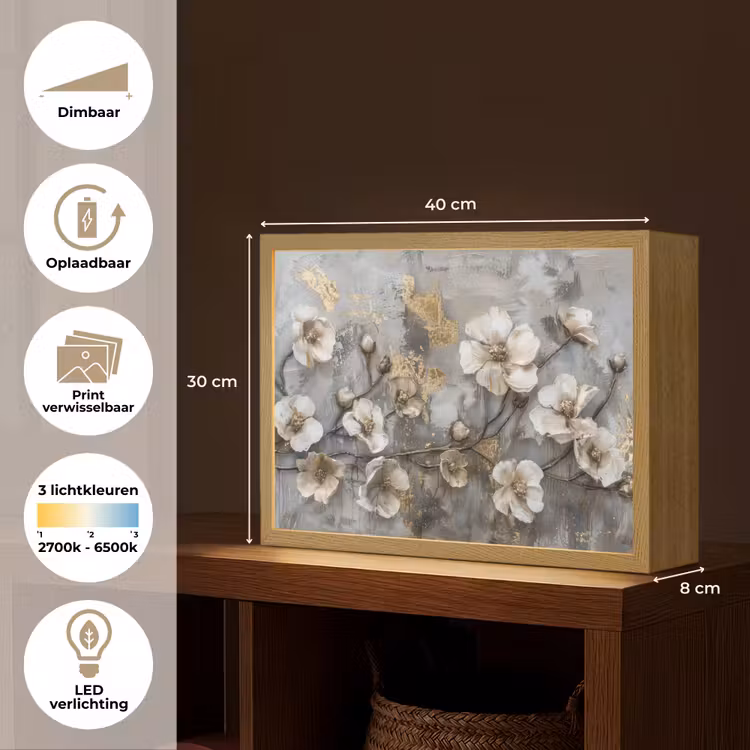 Lightbox - Wandlamp - Bloemen - Wit - Grijs - Goud - Luxe — 10