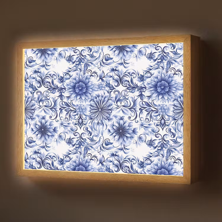 Lightbox - Wandlamp - Bloemen - Blauw - Patroon - Wit — 1