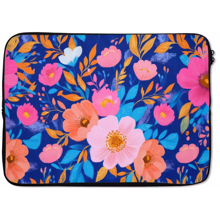 Laptophoes - Bloemen - Blauw - Roze — 1