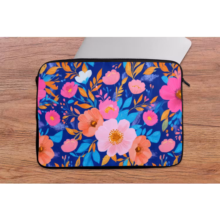 Laptophoes - Bloemen - Blauw - Roze — 2