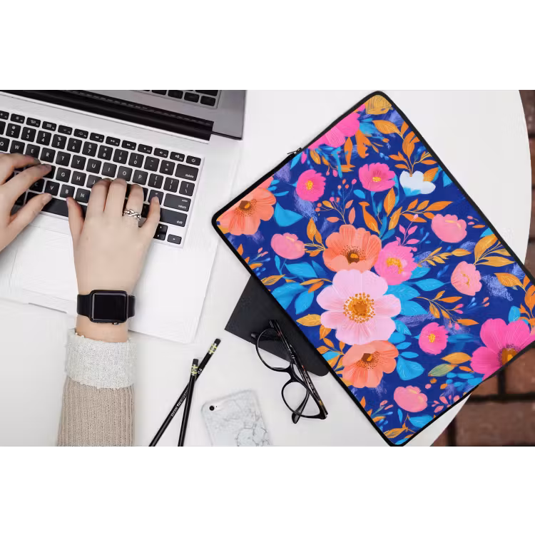 Laptophoes - Bloemen - Blauw - Roze — 3