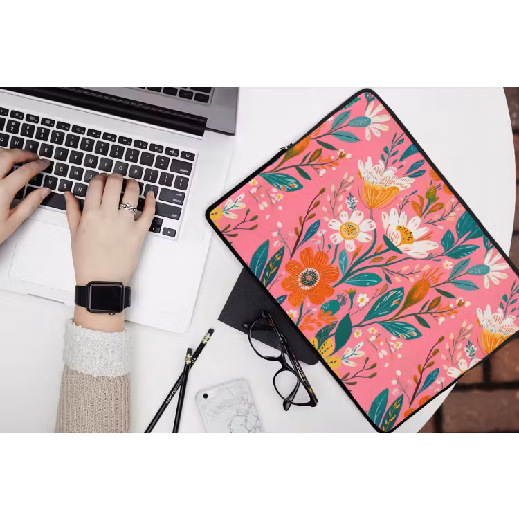 Laptophoes - Roze - Bloemen - Wit - Oranje — 3