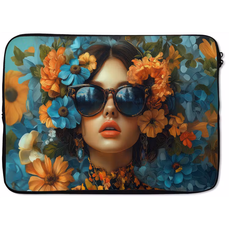 Laptophoes - Vrouw - Bloemen - Oranje - Blauw - Modern — 1