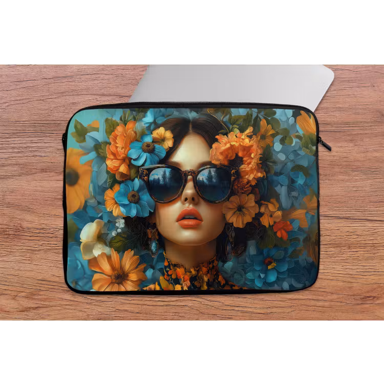 Laptophoes - Vrouw - Bloemen - Oranje - Blauw - Modern — 2
