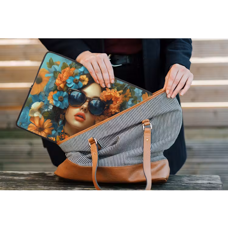 Laptophoes - Vrouw - Bloemen - Oranje - Blauw - Modern — 4