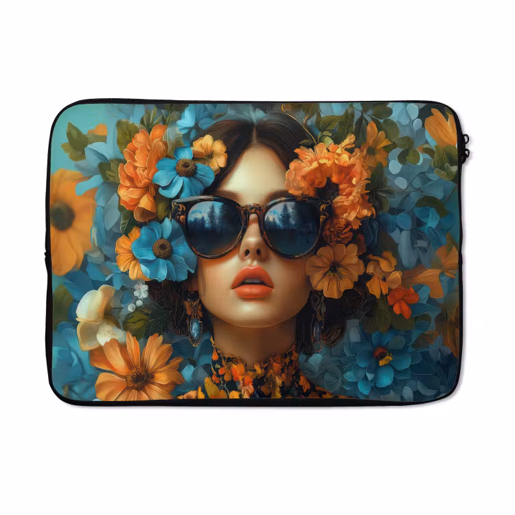 Laptophoes - Vrouw - Bloemen - Oranje - Blauw - Modern — 5