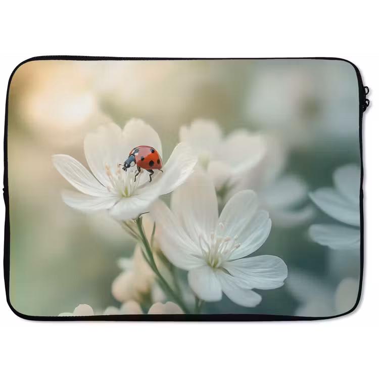 Laptophoes - Lieveheersbeestje - Bloemen - Wit — 1
