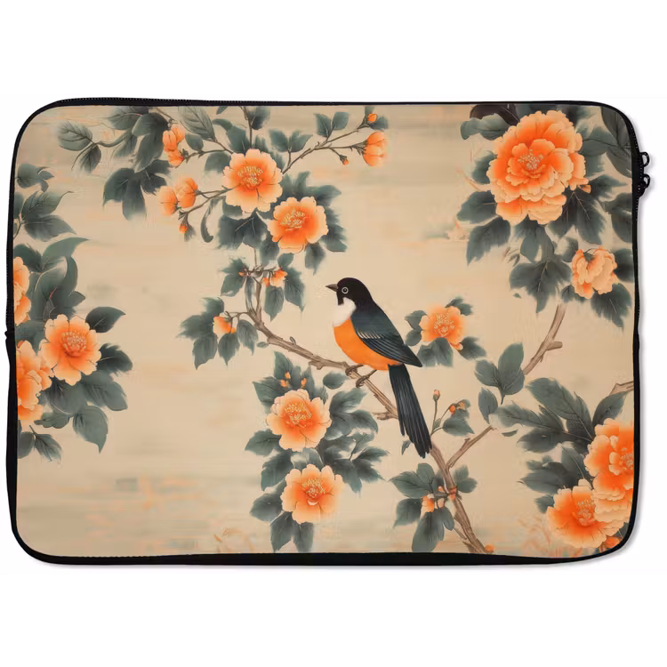 Laptophoes - Vogel - Tak - Bloemen - Oranje — 1