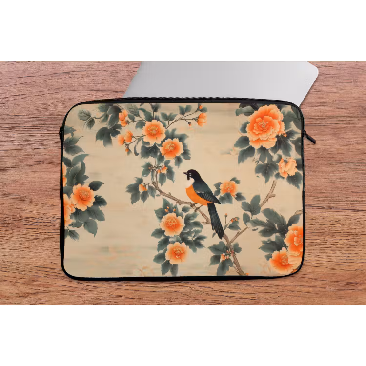 Laptophoes - Vogel - Tak - Bloemen - Oranje — 2