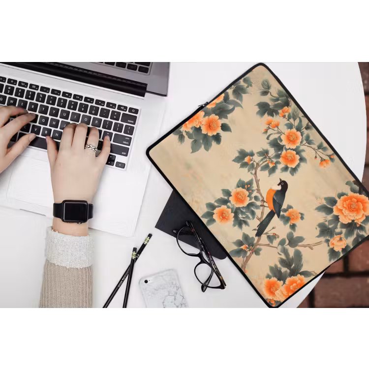 Laptophoes - Vogel - Tak - Bloemen - Oranje — 3
