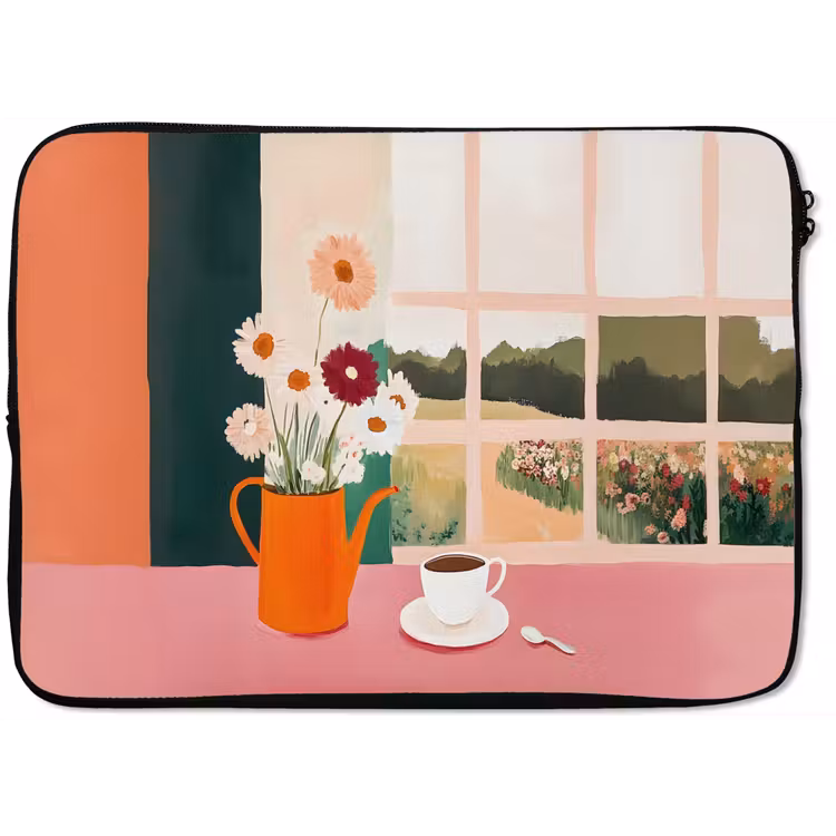 Laptophoes - Bloemen - Koffie - Raam — 1