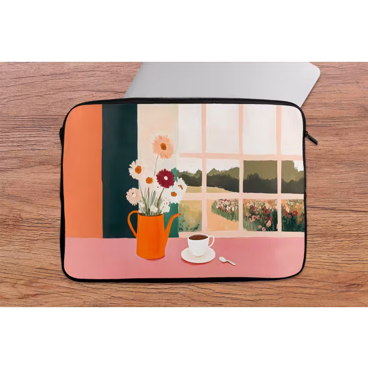 Laptophoes - Bloemen - Koffie - Raam — 2