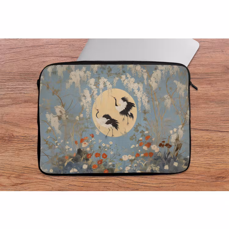 Laptophoes - Kraanvogels - Maan - Bloemen - Blauw — 2