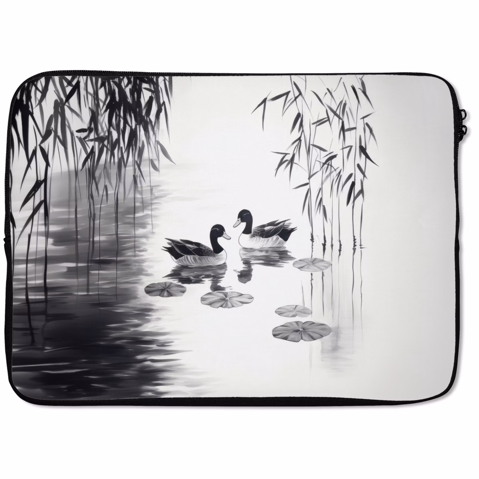 Laptophoes - Eenden - Waterlelies - Riet - Zwart — 1