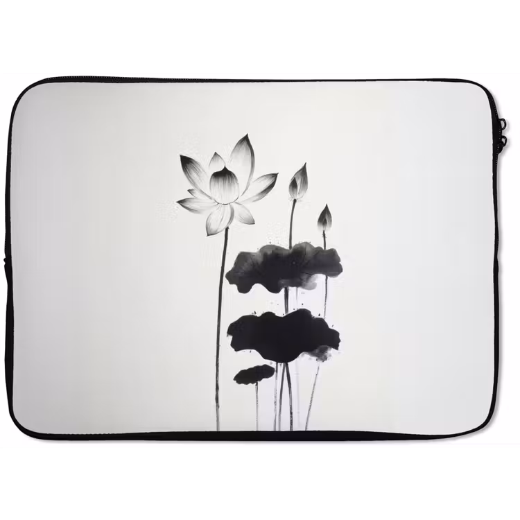 Laptophoes - Bladeren - Zwart - Lotusbloem - Minimalitisch — 1