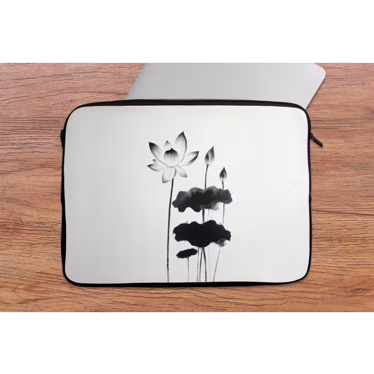 Laptophoes - Bladeren - Zwart - Lotusbloem - Minimalitisch — 2