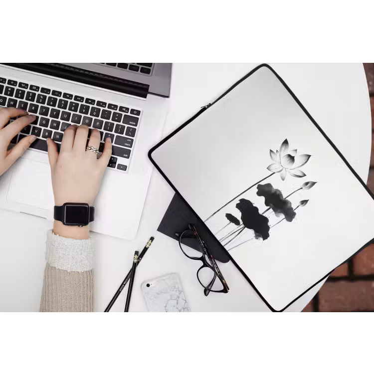 Laptophoes - Bladeren - Zwart - Lotusbloem - Minimalitisch — 3