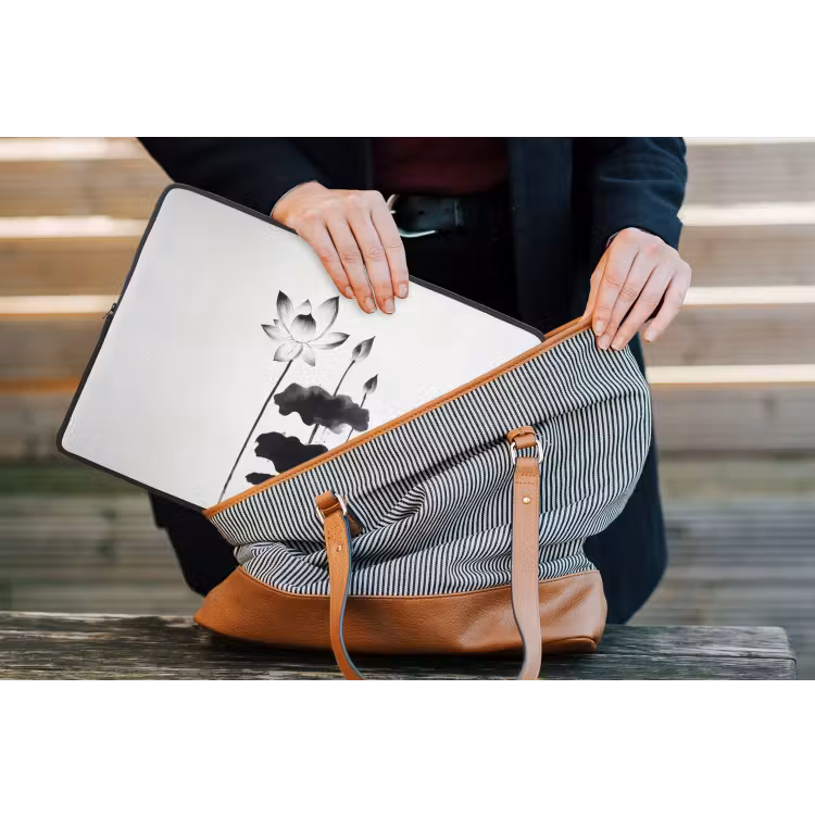 Laptophoes - Bladeren - Zwart - Lotusbloem - Minimalitisch — 4
