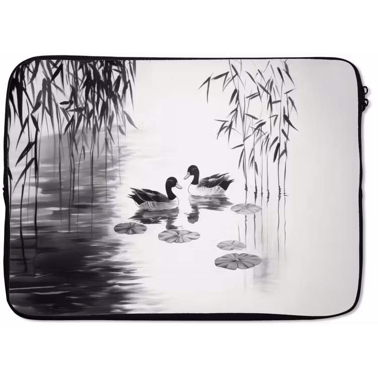 Laptophoes - Eenden - Waterlelies - Riet - Zwart — 1