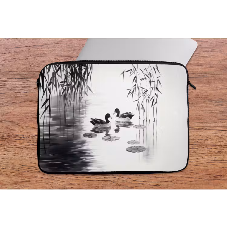 Laptophoes - Eenden - Waterlelies - Riet - Zwart — 2