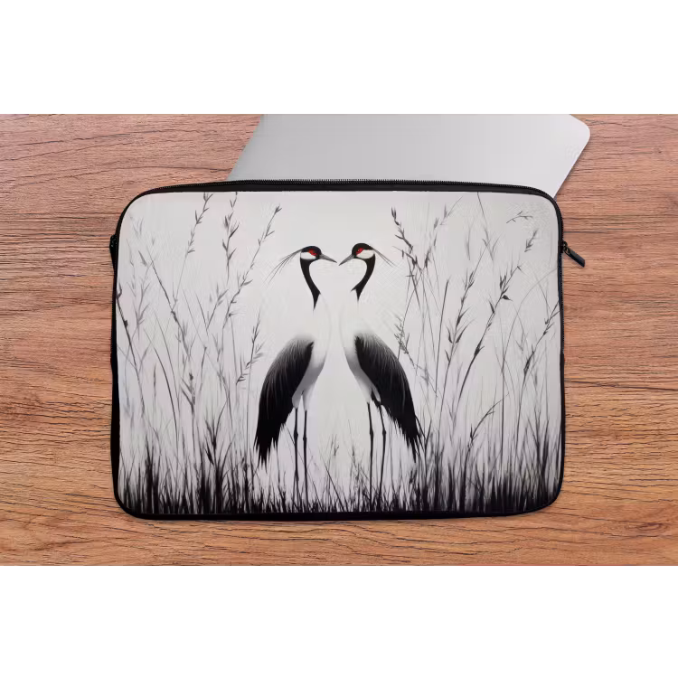 Laptophoes - Kraanvogels - Gras - Hartvorm - Zwart — 2