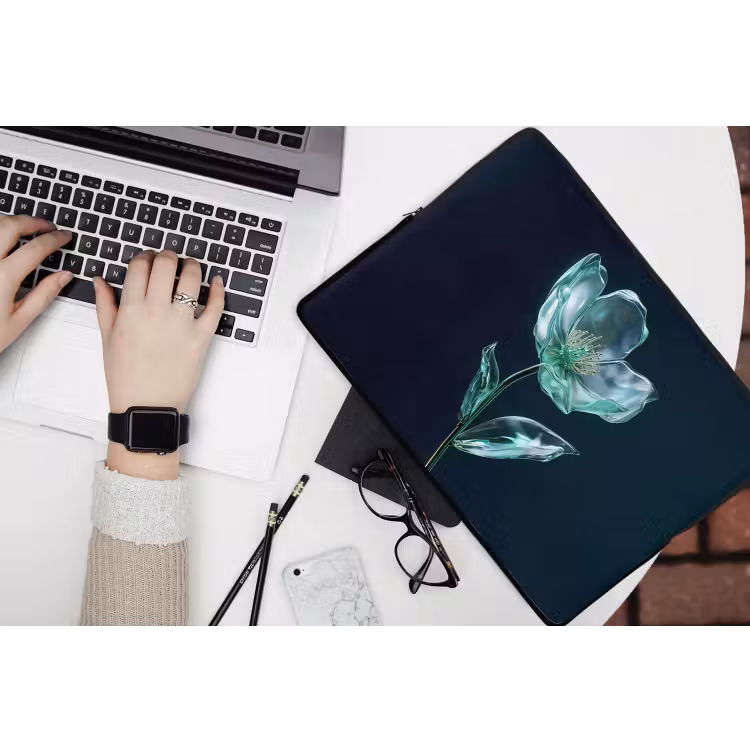 Laptophoes - Bladeren - Bloem - Glazen - Donkerblauw — 3