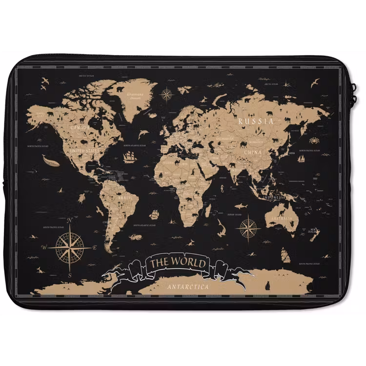 Laptophoes - Wereldkaart - Beige - Zwart — 1