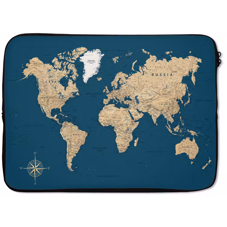 Laptophoes - Wereldkaart - Donkerblauw - Beige — 1