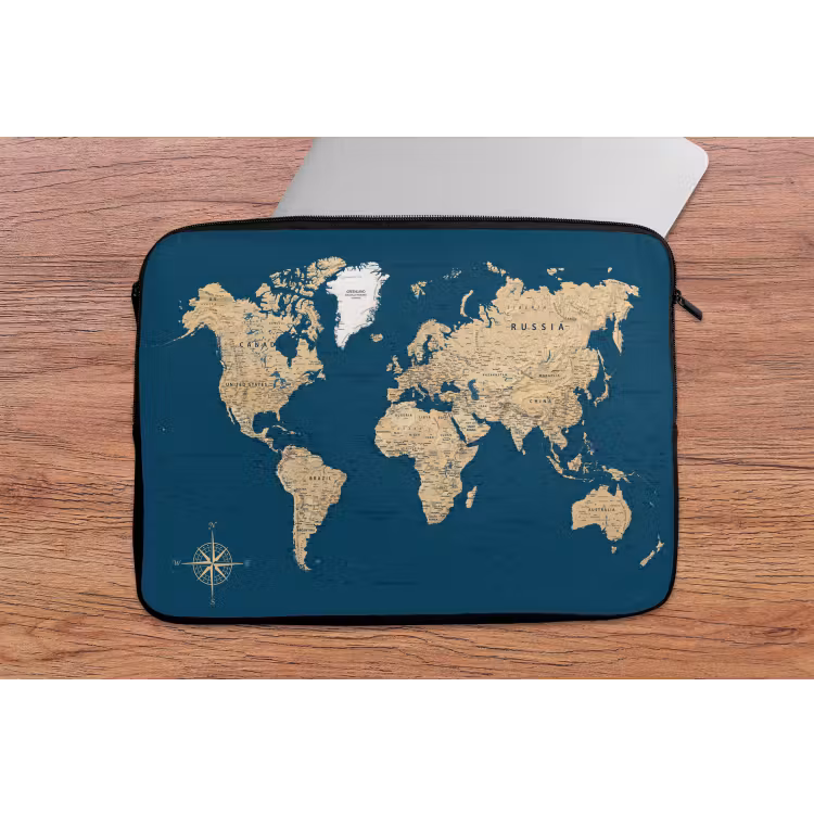 Laptophoes - Wereldkaart - Donkerblauw - Beige — 2